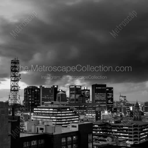 Matte Black WOOD Framed Black and White Cape Town Photograph: The Cape Town Skyline at Night in a Square Matte Black Wood Frame