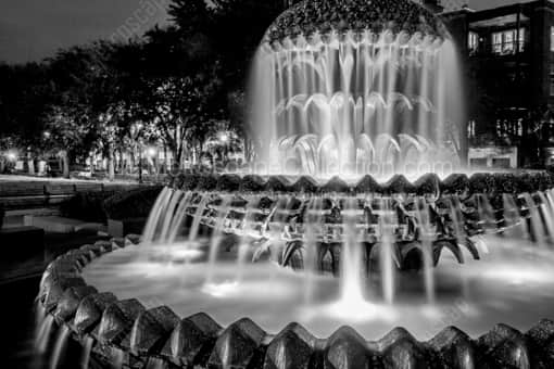 The Pineapple Fountain at Night -- Charleston Black and White Photography