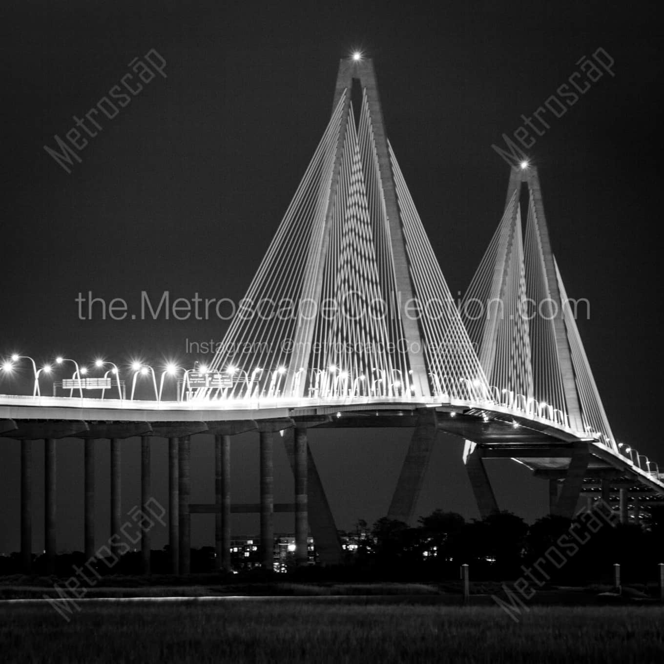 The Ravenel Bridge at Night landscape black and white Photography square crop