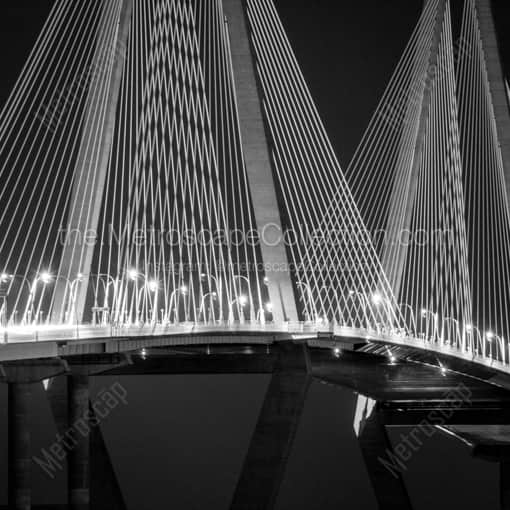 Matte Black WOOD Framed Black and White Charleston Photograph: A Close-up Shot of the Ravenel Bridge at Night in a Square Matte Black Wood Frame