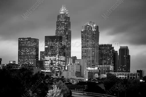 The Downtown Charlotte Skyline at Dusk -- Charlotte Black and White Photography
