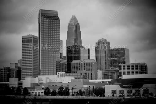 The Charlotte Skyline Under a Cloudy Sky -- Charlotte Black and White Photography