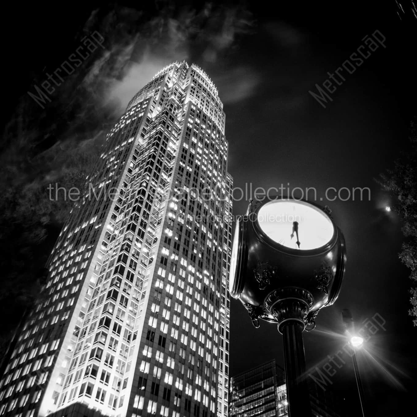 The Bank of America Building and Clock in Downtown Charlotte at Night landscape black and white Photography square crop