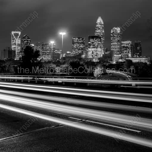 Matte Black WOOD Framed Black and White Charlotte Photograph: Traffic over I-77 in Downtown Charlotte in a Square Matte Black Wood Frame