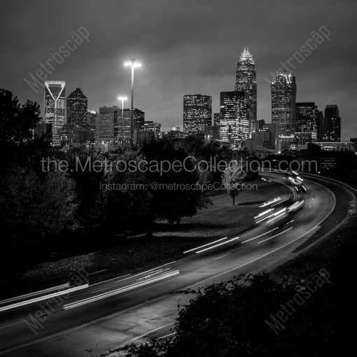 Matte Black WOOD Framed Black and White Charlotte Photograph: Rush Hour Traffic in Downtown Charlotte in a Square Matte Black Wood Frame