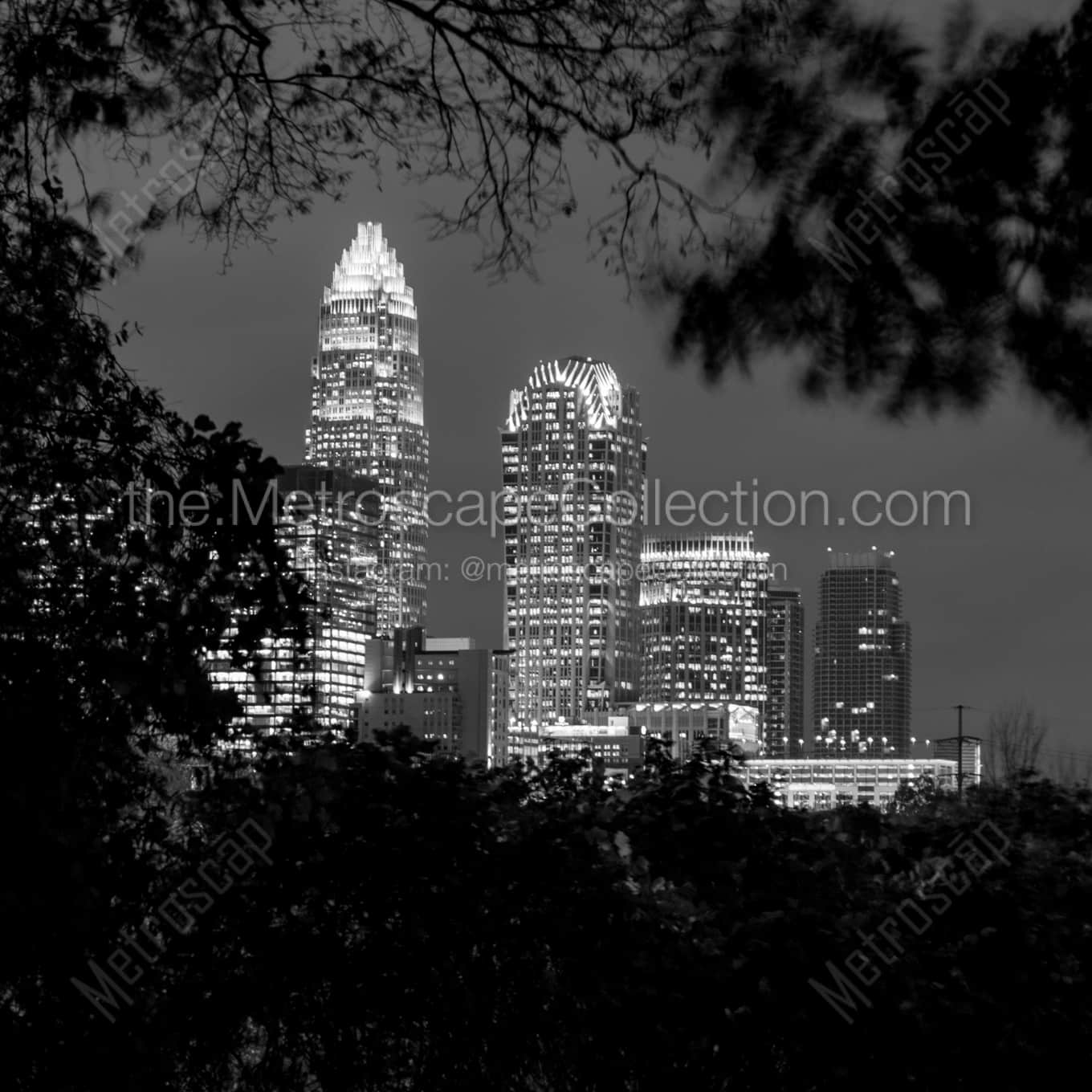 The Charlotte Skyline at Night landscape black and white Photography square crop
