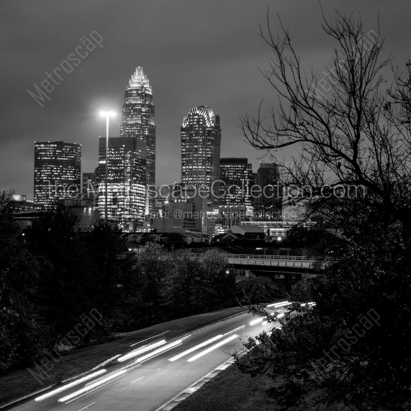 Downtown Charlotte over I-77 landscape black and white Photography square crop