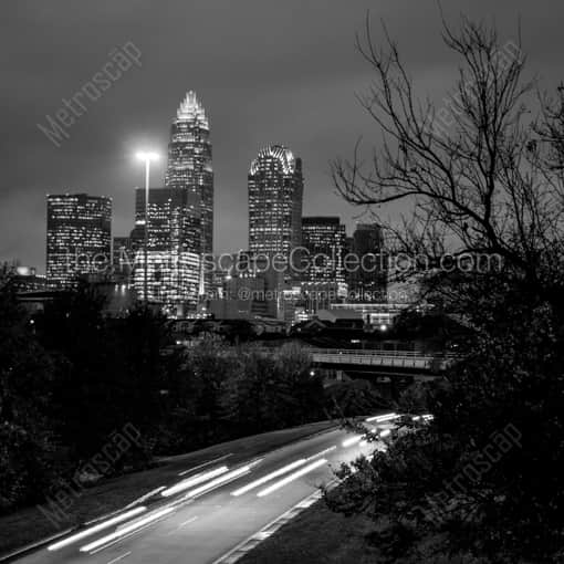 Matte Black WOOD Framed Black and White Charlotte Photograph: Downtown Charlotte over I-77 in a Square Matte Black Wood Frame