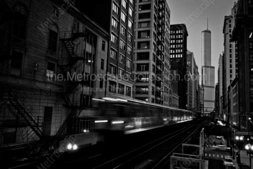Chicago Black and White Photography of Trump Tower and an El Train at Adams and Wabash Station Trump Tower and an El Train at Adams and Wabash Station -- Chicago Black and White Photography