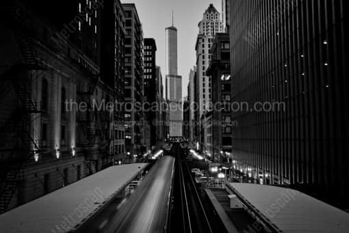 A Chicago El Train and Trump Tower -- Chicago Black and White Photography