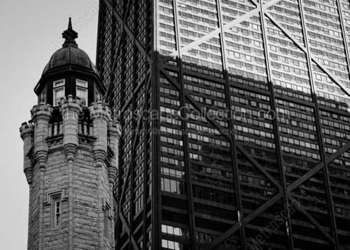 The Water Tower and Hancock Building -- Chicago Black and White Photography