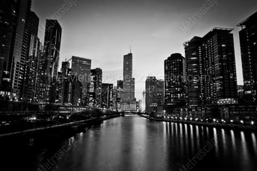 Chicago Black and White Photography of The Trump Tower Looking Down the Chicago River The Trump Tower Looking Down the Chicago River -- Chicago Black and White Photography