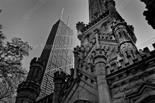 The Water Tower and Hancock Building -- Chicago Black and White Photography