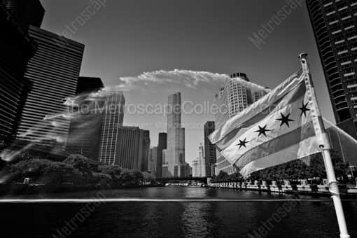 Chicago Black and White Photography of The Centennial Fountain over the Chicago River The Centennial Fountain over the Chicago River -- Chicago Black and White Photography