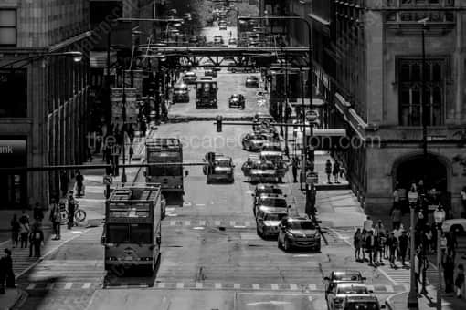Chicago Black and White Photography of Double Decker Tour Buses on Monroe Street Double Decker Tour Buses on Monroe Street -- Chicago Black and White Photography