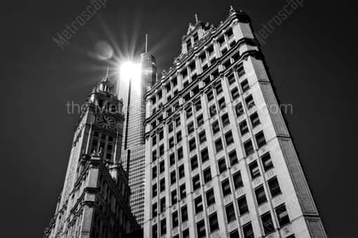 The Morning Sun Reflects off of Trump Tower between the Wrigley Buildings -- Chicago Black and White Photography