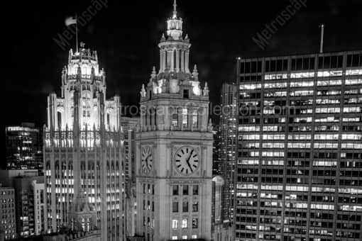 The Wrigley Building Clock Face at Night -- Chicago Black and White Photography