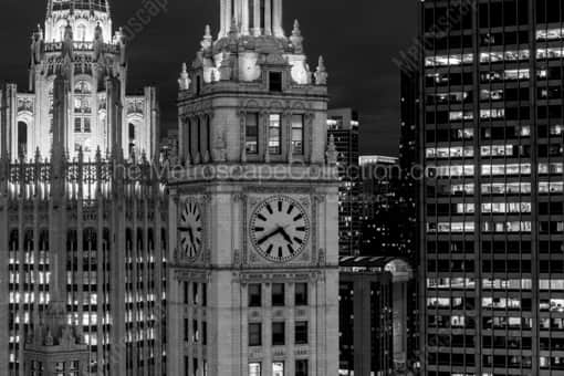 Chicago Black and White Photography of The Wrigley Building and Tribune Building at Night. The Wrigley Building and Tribune Building at Night. -- Chicago Black and White Photography