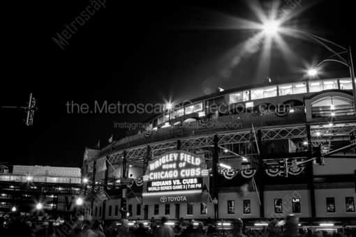 Chicago Black and White Photography of Wrigley Field at Night for Game 3 of 2016 World Series Wrigley Field at Night for Game 3 of 2016 World Series -- Chicago Black and White Photography