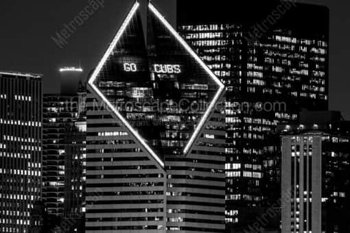 Chicago Black and White Photography of Go Cubs in the Smurfit-Stone Building at Night Go Cubs in the Smurfit-Stone Building at Night -- Chicago Black and White Photography