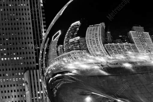 The Chicago Skyline Reflects in the Cloud Gate Sculpture in Millennium Park -- Chicago Black and White Photography