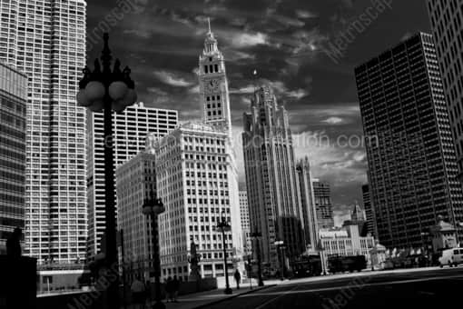 Chicago Black and White Photography of The Wrigley Building and Tribune Building from Wacker Drive The Wrigley Building and Tribune Building from Wacker Drive -- Chicago Black and White Photography