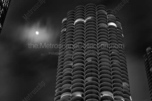 Chicago Black and White Photography of A Cloudy Waxing Gibbous Moon Behind the Marina City Towers A Cloudy Waxing Gibbous Moon Behind the Marina City Towers -- Chicago Black and White Photography