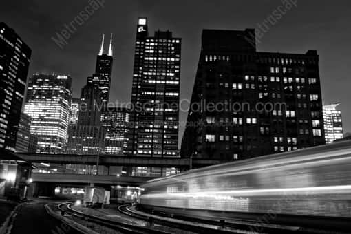 Chicago Black and White Photography of A Metra Train Arrives in Chicago from Milwaukee A Metra Train Arrives in Chicago from Milwaukee -- Chicago Black and White Photography