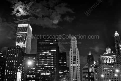 Chicago Black and White Photography of A Full Moon Rises Behind the Clouds over the Magnificent Mile A Full Moon Rises Behind the Clouds over the Magnificent Mile -- Chicago Black and White Photography