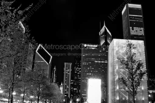 Chicago Black and White Photography of A Sapling is Silhouetted by the Crown Fountain in Millennium Park A Sapling is Silhouetted by the Crown Fountain in Millennium Park -- Chicago Black and White Photography