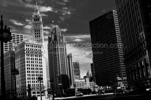 Chicago Black and White Photography of The Wrigley and Tribune Buildings Against a Whispy August Sky The Wrigley and Tribune Buildings Against a Whispy August Sky -- Chicago Black and White Photography