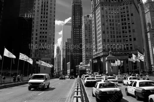 Chicago Black and White Photography of Taxi Cabs Clog the Southbound Lanes of the Michigan Avenue Bridge Taxi Cabs Clog the Southbound Lanes of the Michigan Avenue Bridge -- Chicago Black and White Photography