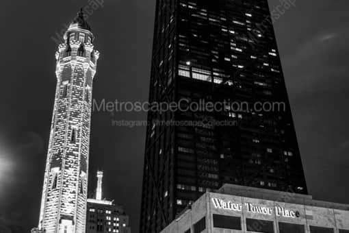 Chicago Black and White Photography of The Old Chicago Water Tower is Dwarfed by the Hancock Tower The Old Chicago Water Tower is Dwarfed by the Hancock Tower -- Chicago Black and White Photography
