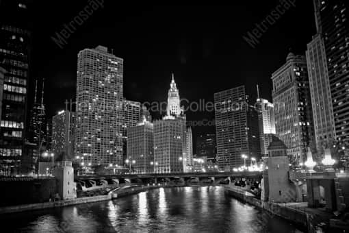 Chicago Black and White Photography of The Wrigley Building and Chicago River at Night The Wrigley Building and Chicago River at Night -- Chicago Black and White Photography