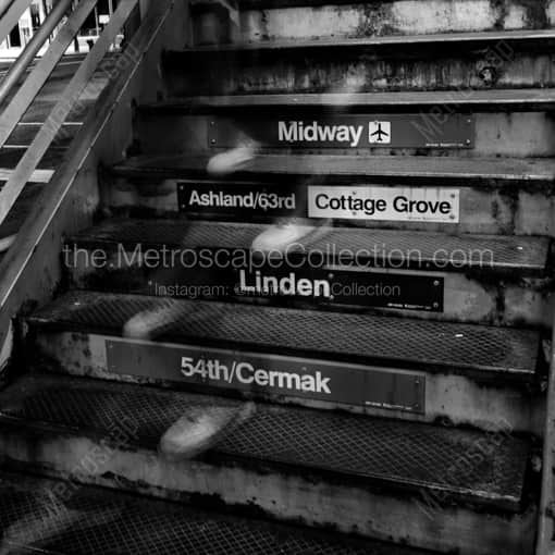 Matte Black WOOD Framed Black and White Chicago Photograph: El Train Steps in a Square Matte Black Wood Frame