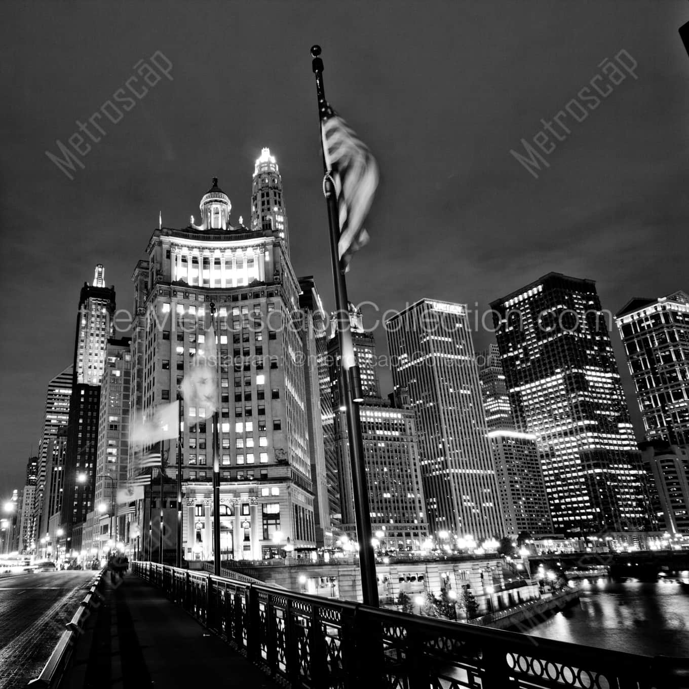 Wacker Drive and Michigan Avenue at Night landscape black and white Photography square crop