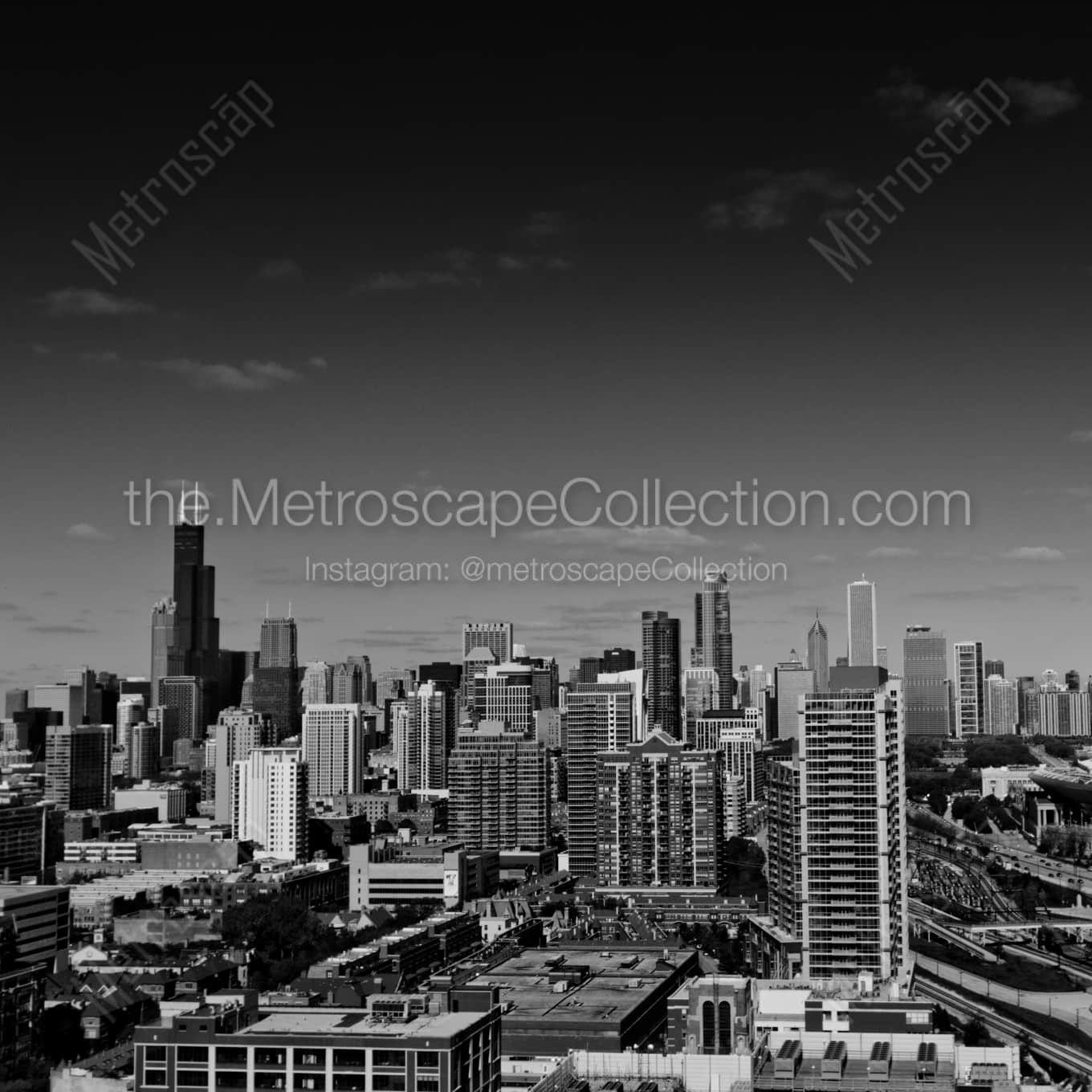 The Chicago Skyline from McCormick Place landscape black and white Photography square crop
