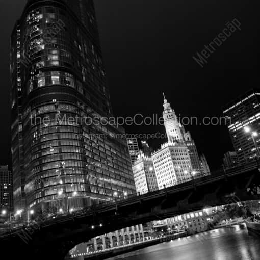 Matte Black WOOD Framed Black and White Chicago Photograph: Trump Tower and the Wrigley Building in a Square Matte Black Wood Frame