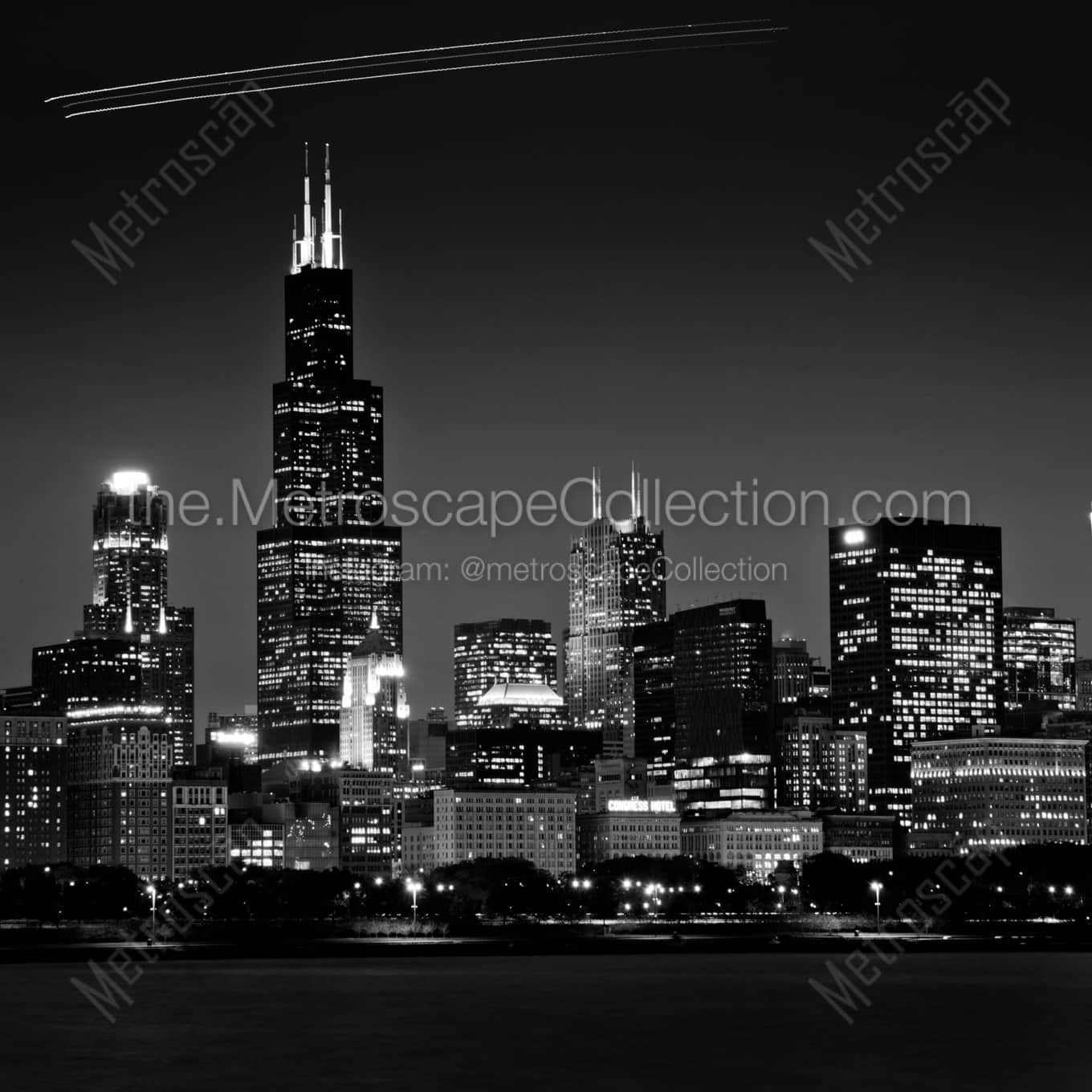 The Downtown Chicago Skyline from Adler Planetarium landscape black and white Photography square crop