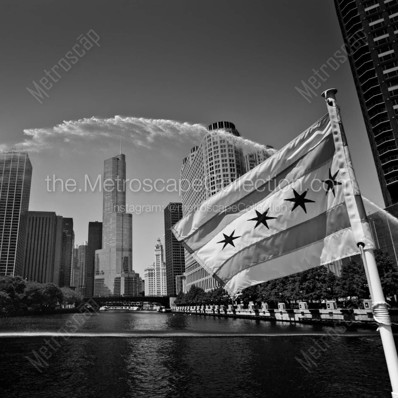 The Centennial Fountain over the Chicago River landscape black and white Photography square crop