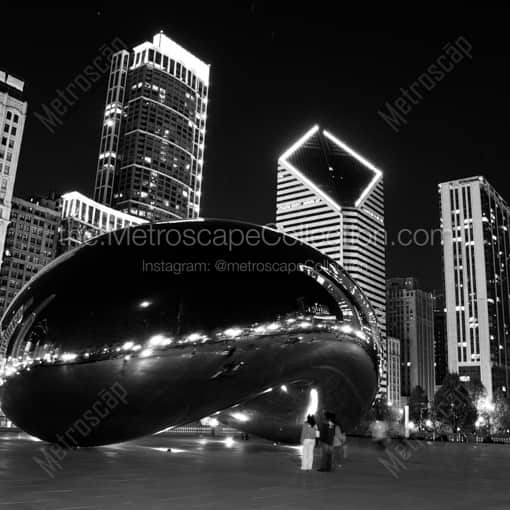 Matte Black WOOD Framed Black and White Chicago Photograph: Cloud Gate in Millenium Park in a Square Matte Black Wood Frame