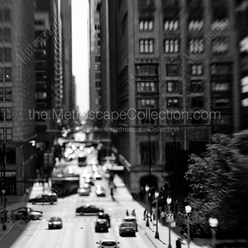 Matte Black WOOD Framed Black and White Chicago Photograph: A Tilt-Shift Look of Monroe Street in a Square Matte Black Wood Frame