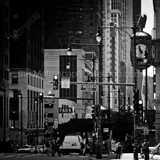 Matte Black WOOD Framed Black and White Chicago Photograph: Wacker and Wabash in a Square Matte Black Wood Frame