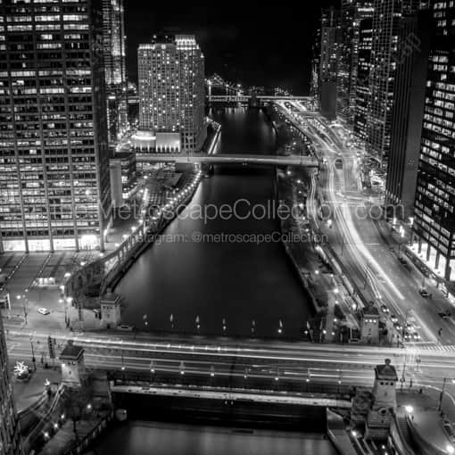The Chicago River at Night -- Chicago Black and White Photography