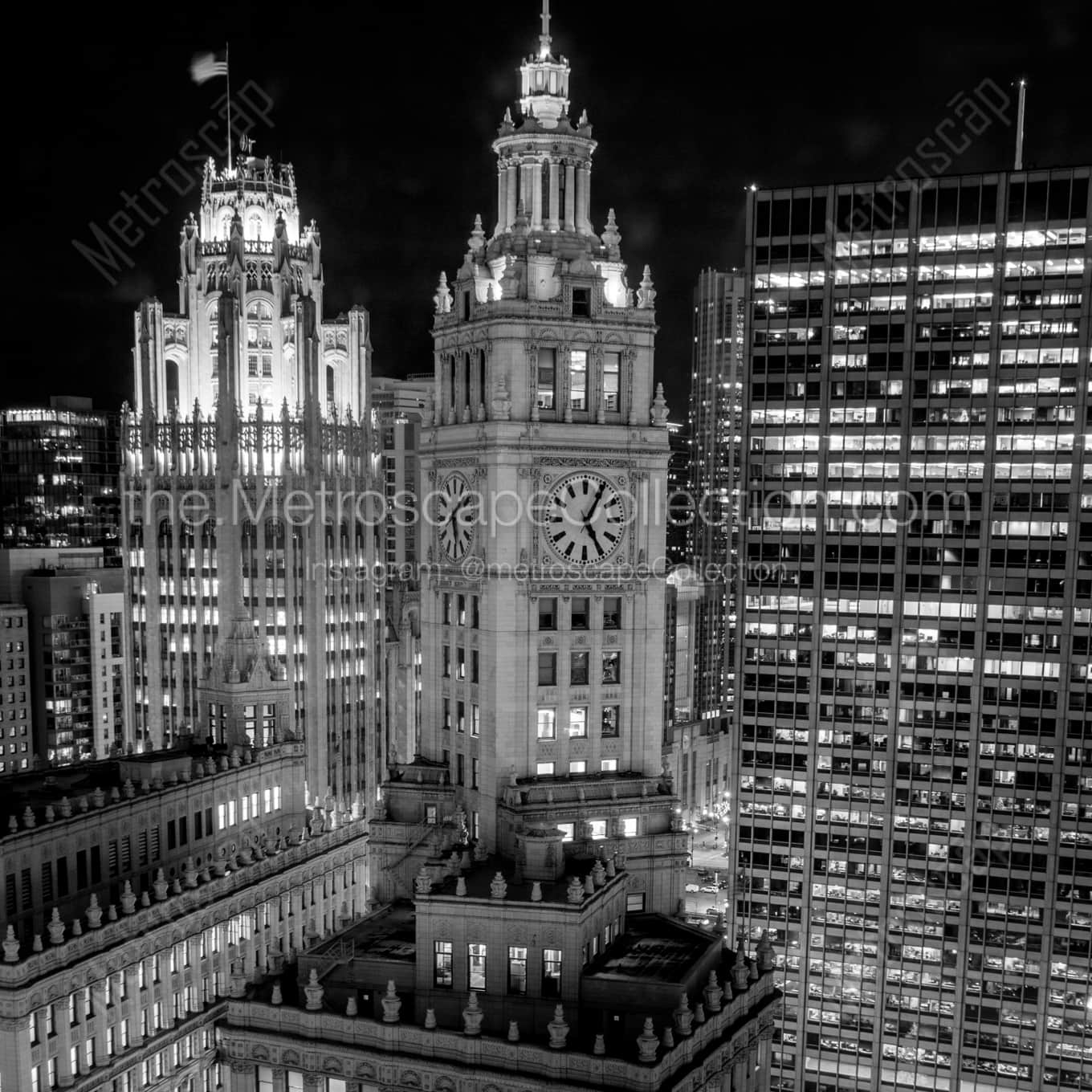 The Wrigley Building Clock Face at Night landscape black and white Photography The Wrigley Building Clock Face at Night landscape black and white Photography square crop