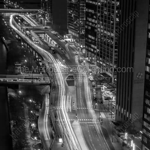 Rush Hour Traffic on Wacker at Night -- Chicago Black and White Photography