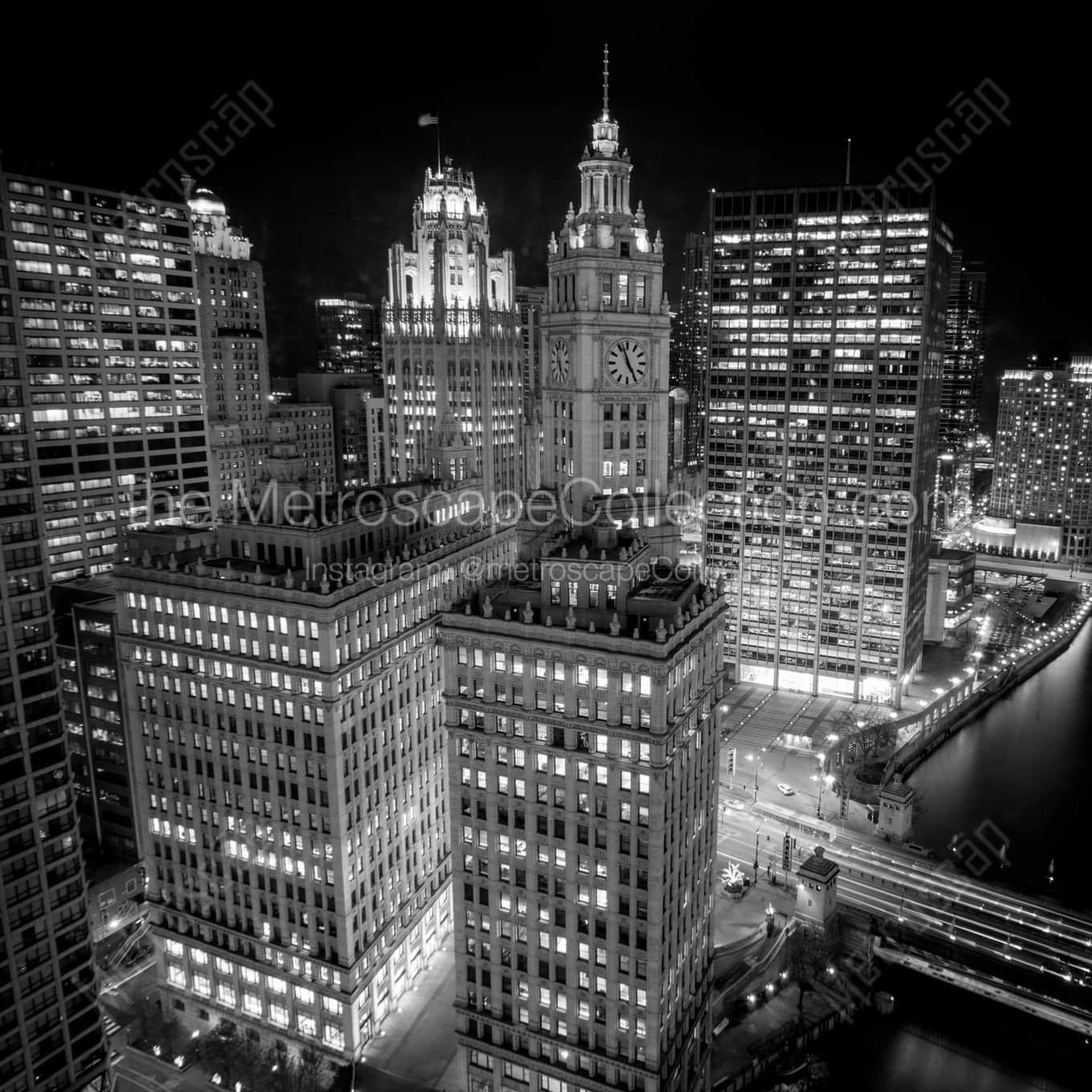 The View from Trump Chicago at Night landscape black and white Photography square crop