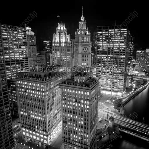 Matte Black WOOD Framed Black and White Chicago Photograph: The View from Trump Chicago at Night in a Square Matte Black Wood Frame