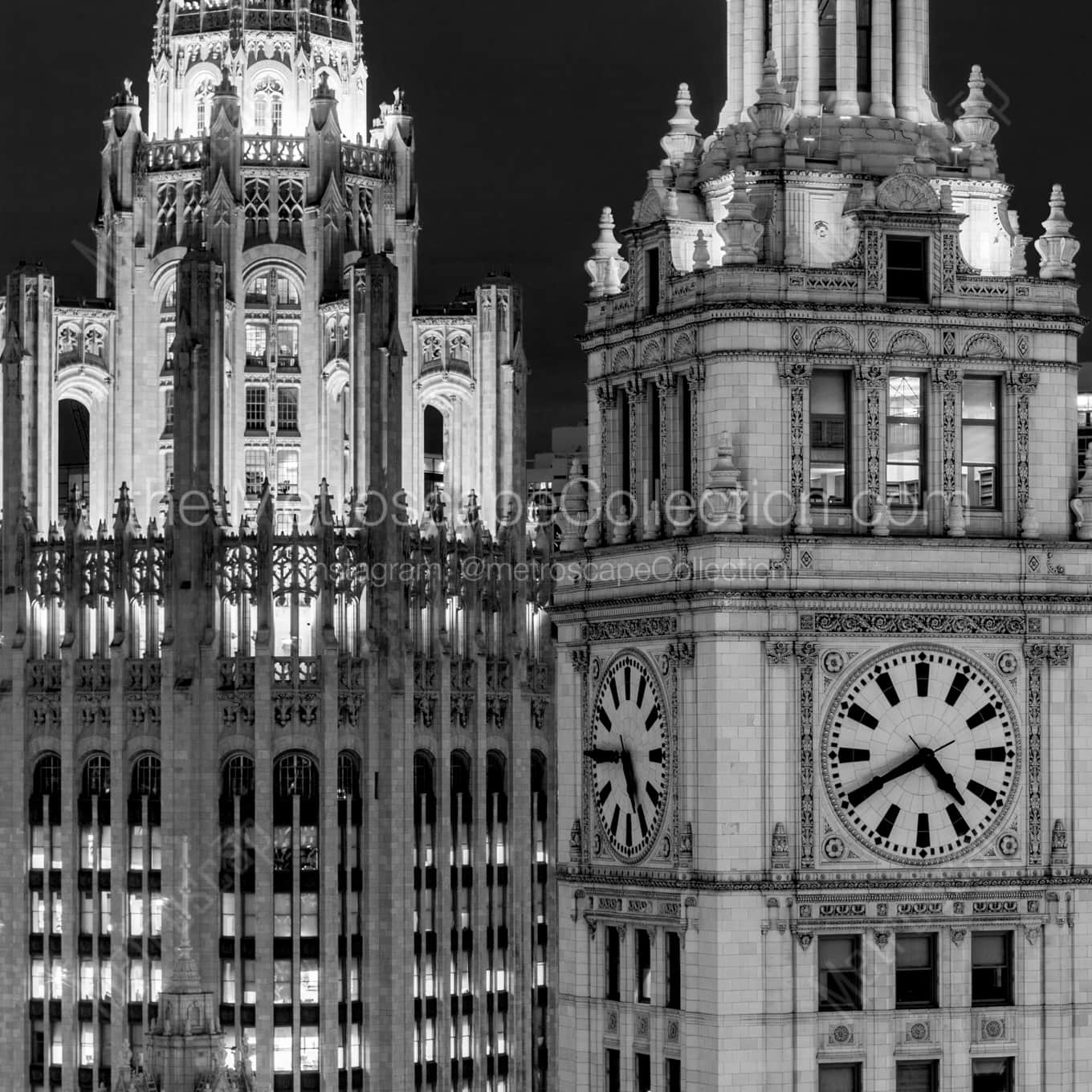 The Wrigley Building and Tribune Building at Night. landscape black and white Photography square crop
