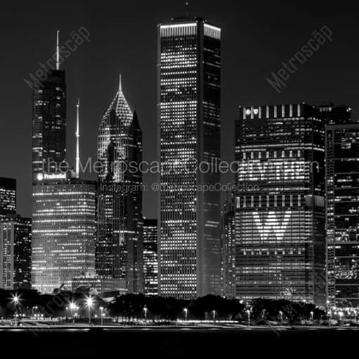 Matte Black WOOD Framed Black and White Chicago Photograph: The Chicago Skyline during 2016 World Series in a Square Matte Black Wood Frame